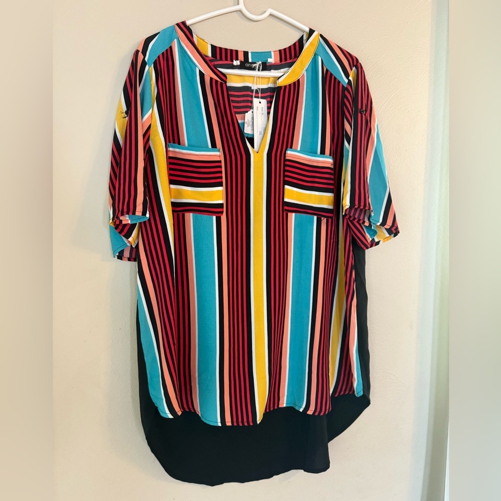 Angela Plus blouse womens 3XL colorful rainbow bright fun stripes light flowy